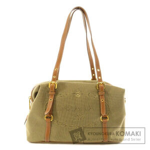 Prada Logo Jacquard Bauletto bag beige canvas body brandy leather trim
